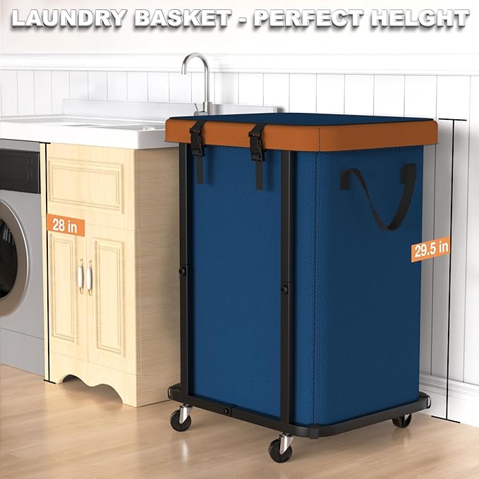 150L (40 Gal) Large Fashion Laundry Basket with Wheels, Leather Patchwork Rolling Hamper Carts, Sturdy Metal Frame, Removable Washable Bag, Tall Clothes Sorter for Bedroom, Laundry Room - Navy Blue