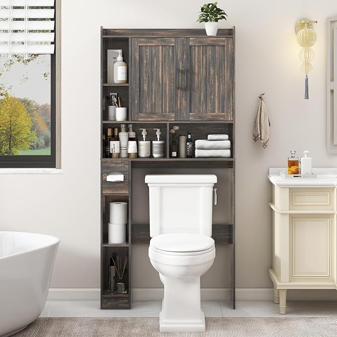 Vabches Over The Toilet Storage Cabinet, Farmhouse Storage Cabinet Over Toilet with Barn Door，Home Space-Saving Toilet Rack, for Bathroom, Restroom, Laundry