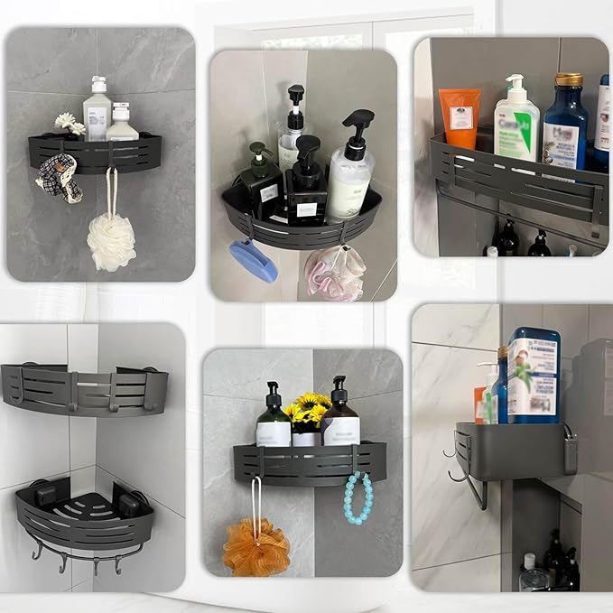 Onemake Shower Caddy Suction Cup, No Drilling Bathroom Shower Shelf, Corner Shower Caddy with 6 Portable Hooks, Removable Bath Organizer with Towel Bar for Bathroom Storage(Gray)