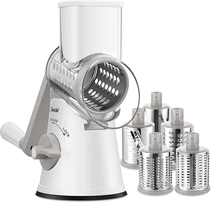 Geedel Upgraded Rotary Cheese Grater, 5 in 1 Cheese Shredder Veggie Slicer