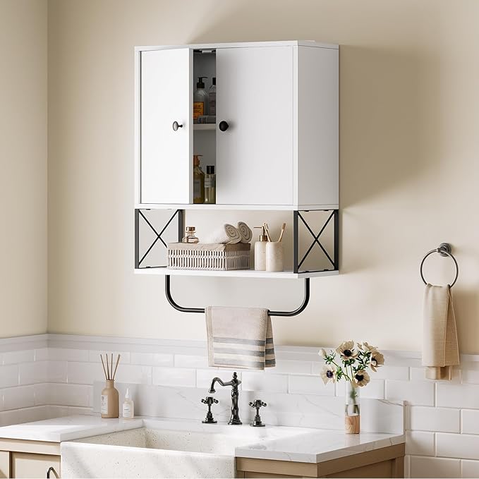 Bathroom Wall Cabinet with 2 Door and Adjustable Shelf, Farmhouse Medicine Cabinet with Towel Rack, 3-Tier Wall Mounted Storage Cabinet Over The Toilet for Bathroom, 18.9" L, White
