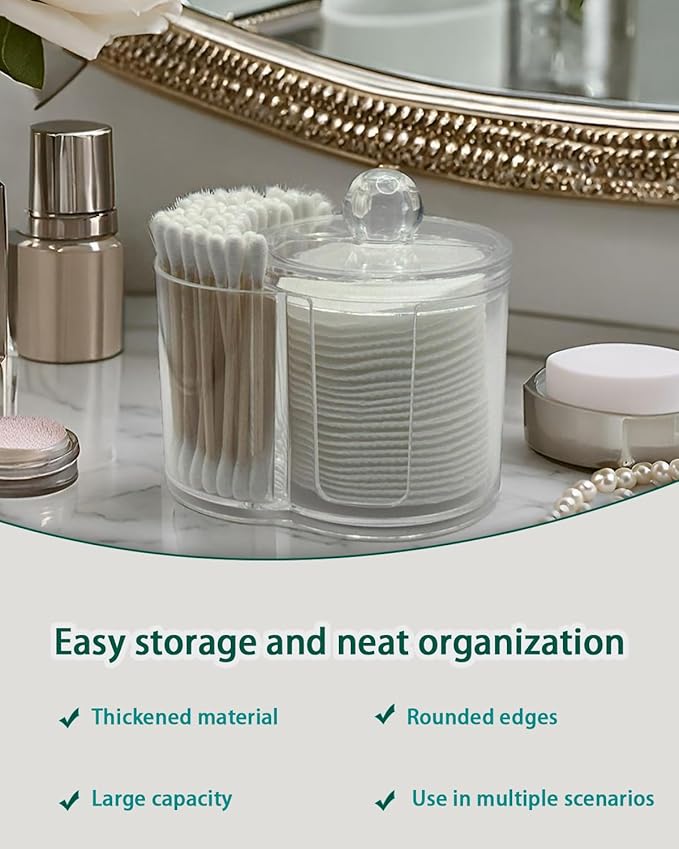 Akosale Makeup Pad Holder with Lid and Cotton Swab Storage, Clear Plastic 2-in-1 Dual Compartment Bathroom Vanity Organizer, Durable PS Canister for Cotton Rounds, Dental Flossers and Hair Ties