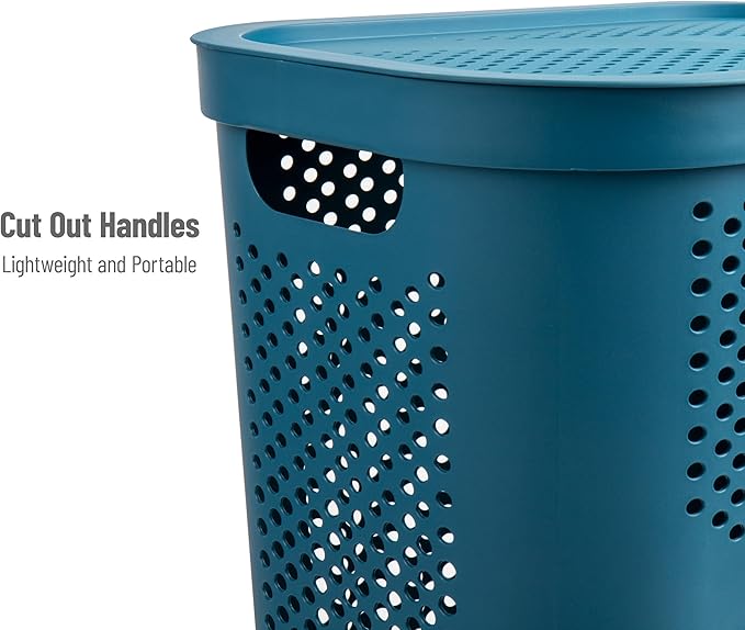 Mind Reader Slim Laundry Hamper with Lid, 60L Clothes Basket, Ventilated Plastic, Blue
