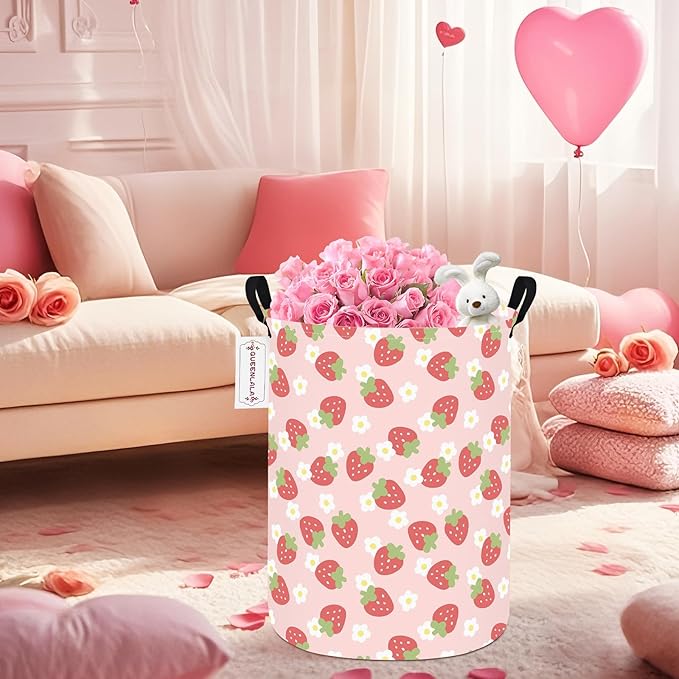 QUEENLALA Large Storage Basket,Laundry Hamper/Bathroom/Home Decor/Collapsible Round Storage Bin,Boys and Girls Hamper/Boxes/Clothing(Round-Pink Strawberry)