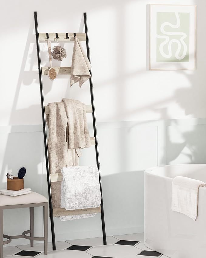 Blanket Ladder, 6-Tier Towel Holder with 4 Removable Hooks, Farmhouse Wall Leaning Decorative Rack Shelf, Wooden Towel Display Rack, Quilt Ladder for Living Room, Bedroom, Greige