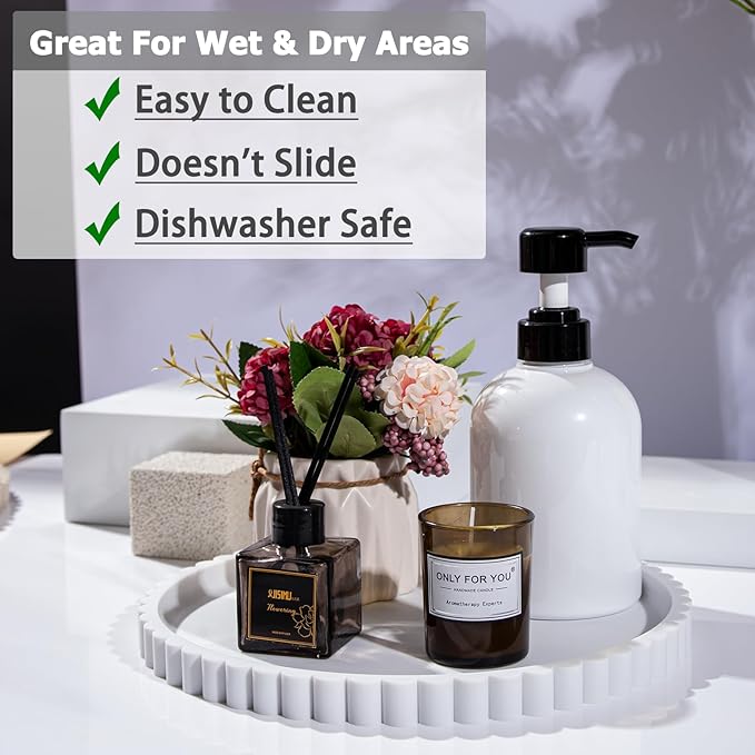 Silicone Bathroom Countertop and Vanity Tray-10 Inch Round Silicone Bathroom Tray, Modern Bathroom Decor, Coffee Table Decor, Decorative Tray for Candle, Perfume, Plants (White)