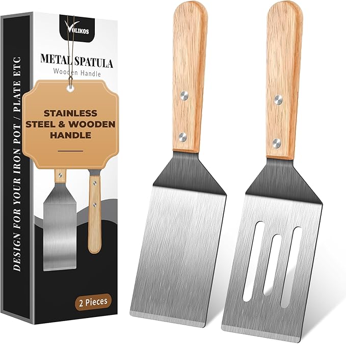 Stainless Steel Spatula Set, Metal Spatula for Cast Iron Skillet, Metal Spatulas for Kitchen Use with Wooden Handle, Ideal for Frying Steak, Pancake, Cookie, Burger, Brownie or Desserts