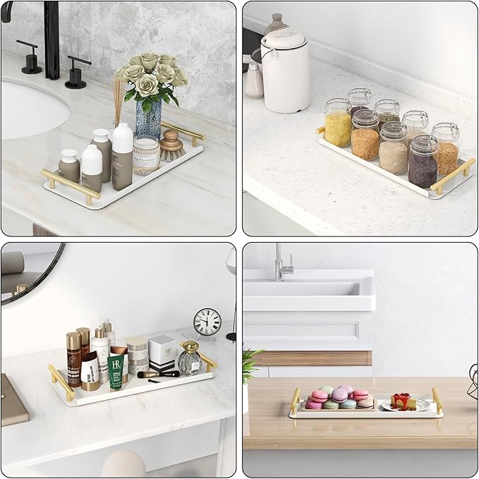 Toilet Paper Basket, Stainless Steel Tank Tray with Handle for Organizing - Toilet Paper Basket Storage for Tank, Bathroom, Kitchen Counter (White+Gold)