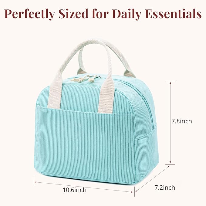 Insulated Lunch Bag for Women Men, Stylish Corduroy Tote Bag with Aluminum Lining, Large Capacity Reusable Cooler for Work, Travel, or Beach, Mint Green Lunch Box