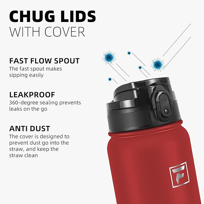 Fanhaw 32 oz Insulated Stainless Steel Water Bottle with Anti-Dust Chug Lid, Leakproof Vacuum Sports Bottle for Men & Women (Red)