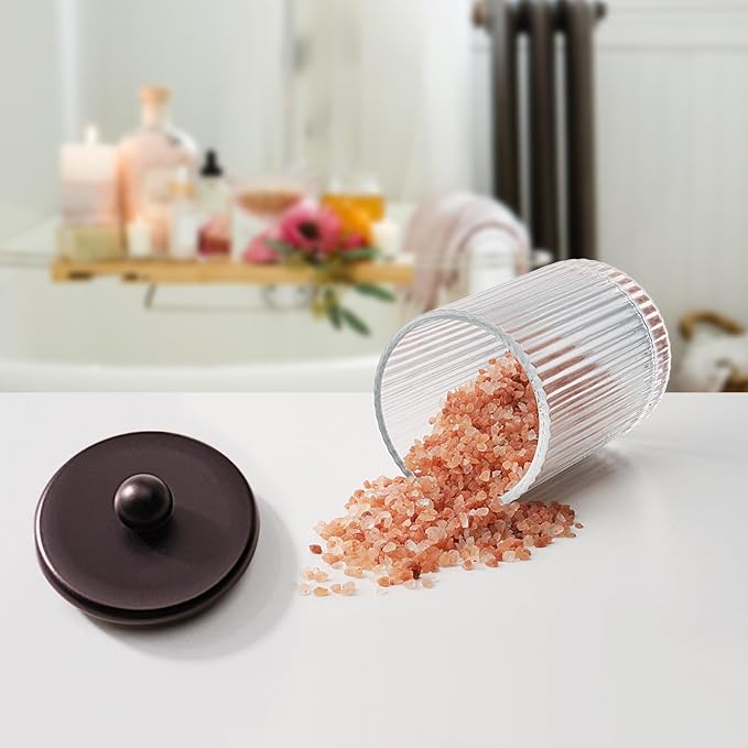 SheeChung 1-Pack Bronze Ribbed Glass Qtip Holder - Apothecary Jar Bathroom Organizer with Metal Lid - Small Vanity Canister for Cotton Swabs, Rounds, Floss Picks - Modern Luxury Decor