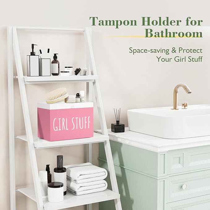 Tampon Holder for Bathroom with Hinged Lid, Feminine Product Organizer, Bathroom Period Products, Toilet Organizer, Bathroom Accessories Box for Girl Stuff (Pink)