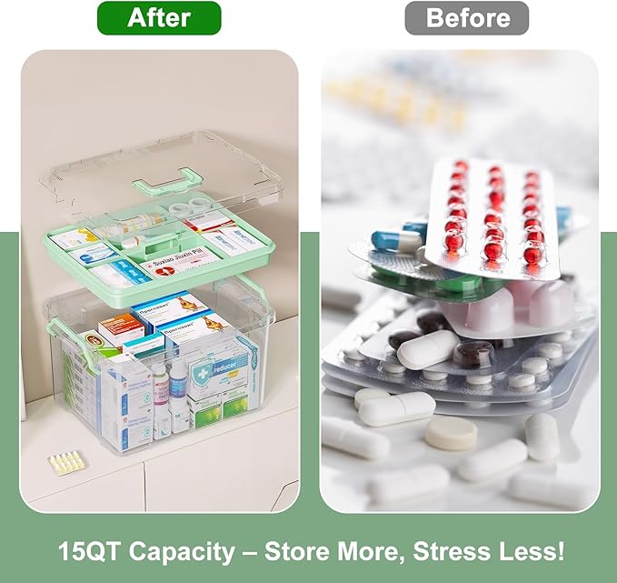 15QT Clear Medicine Organizer Box with Handle, Plastic Medicine Container with Tray First Aid Box Empty, Thickened Medicine Storage Organizer Multipurpose Medication Organizer Storage