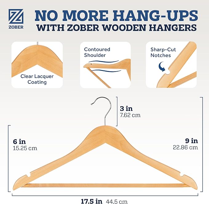 ZOBER High-Grade Wooden Hangers - Heavy Duty, Non Slip Wood Hangers for Coats, Jackets, Suits, & Pants - Clothes Hangers for Closet W/Bar and Notches 20 Pack