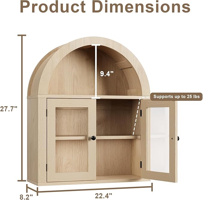 ChooChoo Arched Wall Cabinet with Acrylic Doors, Bathroom Cabinet Wall Mount Over The Toilet with Display Shelf, Wooden Storage Cabinet for Kitchen, Living Room or Entryway, Natural