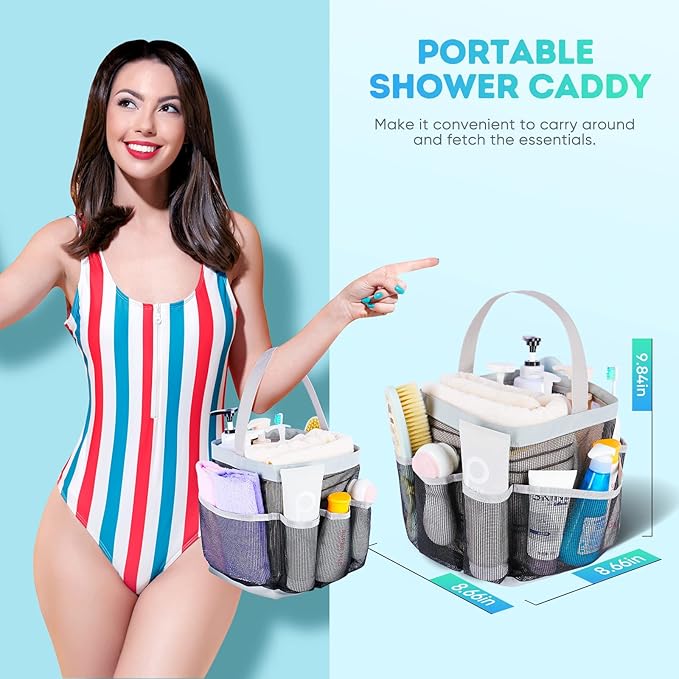 EUDELE Mesh Shower Caddy Portable for College Dorm Room Essentials, 8-Pocket Large Capacity Shower Bag for Beach, Swimming, Gym Pack