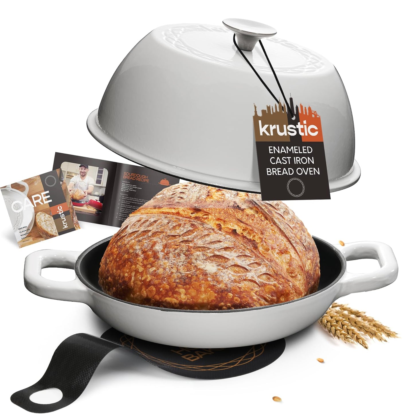 Krustic Enameled Cast Iron Dutch Oven for Sourdough Bread Baking | 6 Quart Round Pot with Lid | 10 Inch Ceramic Enamel Thick Coated Cookware Set with Non Stick Silicone Baking Mat for Cooking | 6 Qt | Red