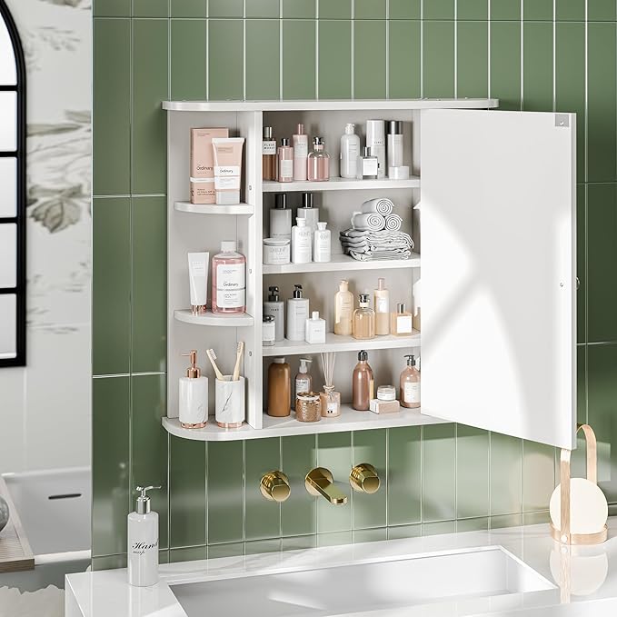 Meilocar Bathroom Medicine Cabinet, Bathroom Mirror Cabinet Wall Mounted with 6 Side Open Shelves, White Wall Cabinet with Mirror, White