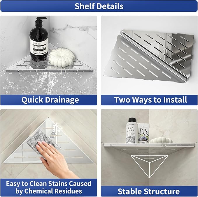 Corner Shower Shelf 10" Polished 304 Stainless Steel Recessed Corner Shelves with Slot Design Bathroom Grout in Shelf for Tiled Wall, 2 Pack