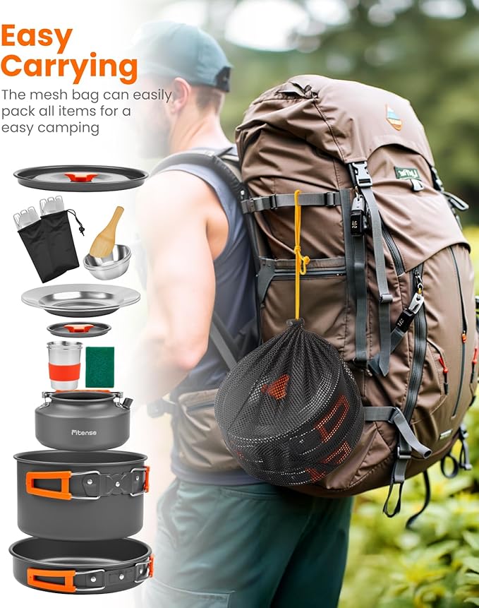 Fitense 21Pcs Camping Cookware Mess Kit for 2, Lightweight Camping Kitchen Pots and Pans Set, Portable Cooking Essentials for Backpacking, Hiking and Picnic