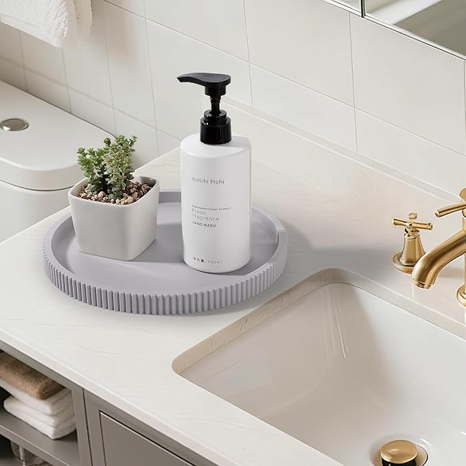 Silicone Bathroom Tray Round Kitchen Counter Organizer Decorative Vanity Accessories Coffee Table Decor for Perfume, Candle, Soap Dish, 9 Inch, Light Grey