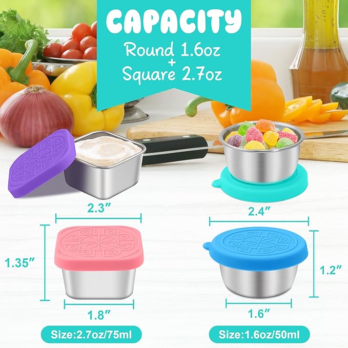 6PCS Salad Dressing Container to Go, Leakproof Reusable Stainless Steel small container with lid,Sauce Containers for Lunch box,Picnics,Travel,Office and Meal Prep-1.6+2.7 Sets