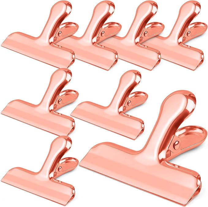 Funfery 8 Pack 3 Inch Stainless Steel Rose Gold Chip Bag Large Clips for Food Packages,Food Kitchen Clips for Snack,Home&Office Clip for Paper,Strong Metal Chip Snack Clip (Rose Gold, 8 Pack)