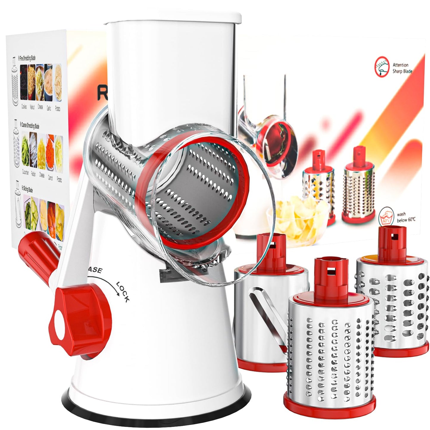 Cambom Rotary Cheese Grater Hand Crank Cheese Shredder for Fresh Cheese, Vegetable, Nuts,Non-slip Suction Base，Three Blades,Blue