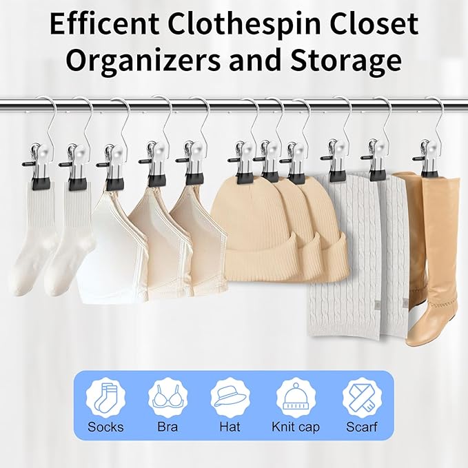 Senbowe 30 Pack Heavy Duty Clothes Pins, Boot Hangers for Closet, Laundry Hook Hanging Clips Clamps for Closet Organizer Pants Hats Socks Towels Clips, Clothespins Hanger for Travel Handbag Legging