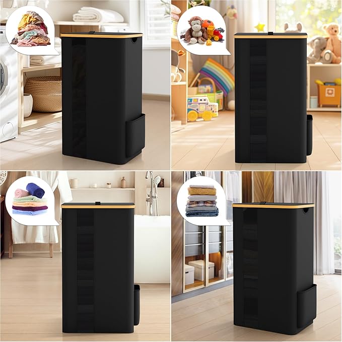 BlissTotes Laundry Basket with Lid, 100L Clothes Laundry Hamper with Handles and Removable Laundry Bag, Breathable Design Hamper with Lid for Bedroom, Bathroom, Dorm, Laundry Room - Black