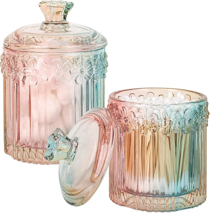 rejomiik 2 Pack Qtip Holder Glass Apothecary Jars with Lids Bathroom Accessories Vanity Organizers and Makeup Storage Canister for Cotton Swabs, Balls, Pads, Floss Picks, Candy, Rainbow