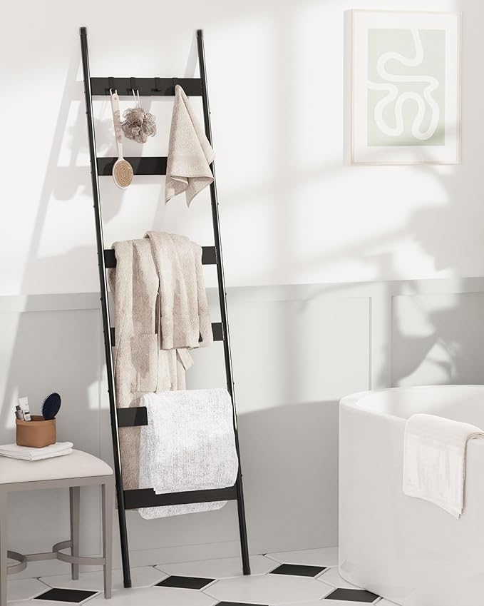 Blanket Ladder, 6-Tier Towel Holder with 4 Removable Hooks, Farmhouse Wall Leaning Decorative Rack Shelf, Wooden Towel Display Rack, Quilt Ladder for Living Room, Bedroom, Black