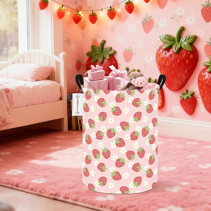 QUEENLALA Large Storage Basket,Laundry Hamper/Bathroom/Home Decor/Collapsible Round Storage Bin,Boys and Girls Hamper/Boxes/Clothing(Round-Pink Strawberry)