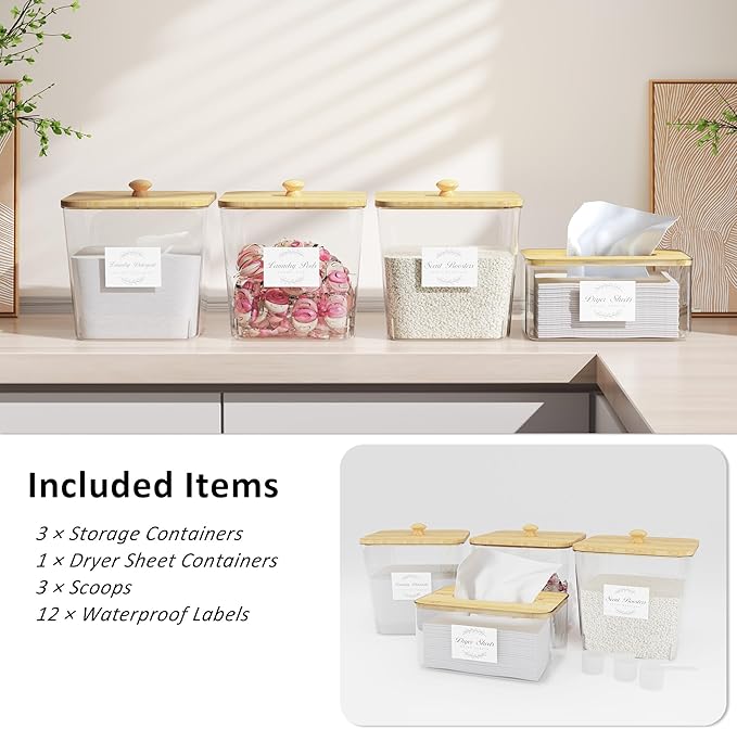 Laundry Room Organization and Storage, Laundry Pods Container and Dryer Sheet Holder with Bamboo Lids and Labels, Laundry Organizer with Scoops for Booster Beads, Powder, Pods, 3+1 Pack