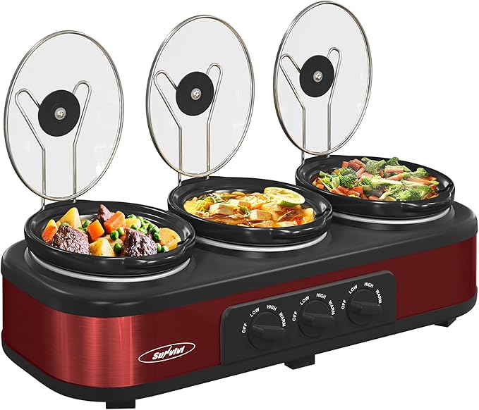 Sunvivi Slow Cooker, Triple Slow Cooker Buffet Server and Food Warmer, 3-Section 1.5-Quart Upgraded Oval Ceramic Pot with Stainless Steel Lid Rests, 3 Spoons, Total 4.5 QT