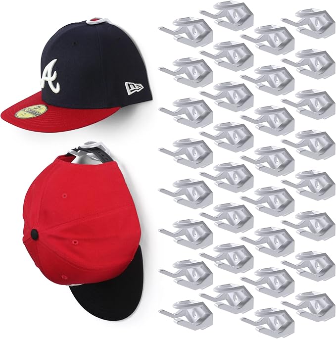Modern JP Adhesive Hat Hooks for Wall (32-Pack) - Hat Rack for Baseball Caps, Minimalist Hat Display, Strong Hold Hat Hangers for Wall - USA Patented, White