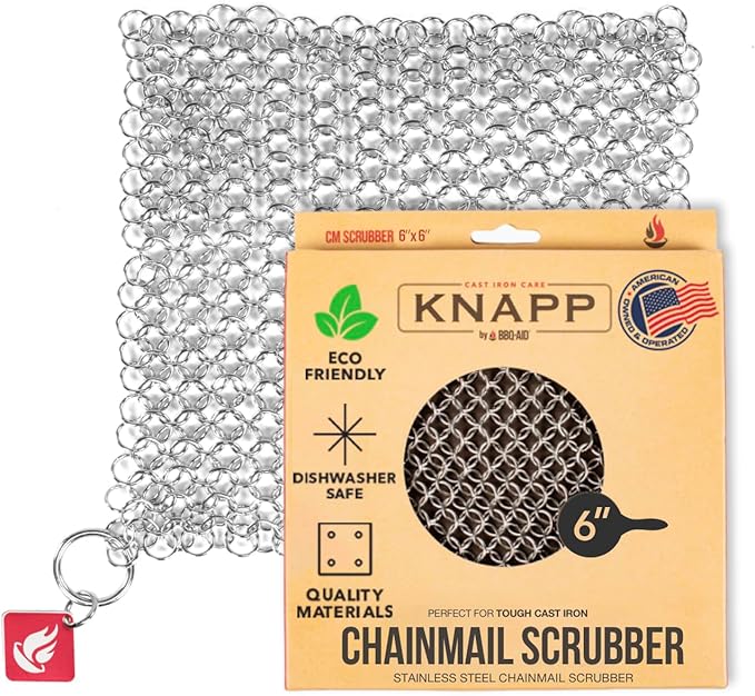 Knapp Made CM Scrubber 6" x 6" Small Ring Chainmail Cast Iron Scrubber, Premium Stainless Steel Mesh Cleaner for Pre-Seasoned Pans, Dutch Ovens, Grills and Skillets