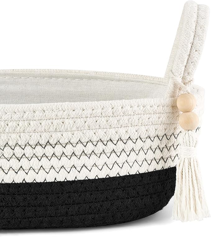 Mkono Small Storage Basket for Toilet Tank Top Boho Bathroom Decor Woven Rope Toilet Paper Tray Organizer for Shelf Bedroom Living Room, Black and White, 1 Pack, 13" L x 6" W