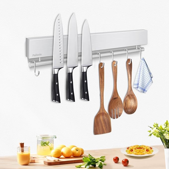Pailexin 20 inch magnetic knife holder with 10 hooks, no drilling knife magnetic strip, and utensil hanger for wall. Powerful knife magnet rack includes tape and screw