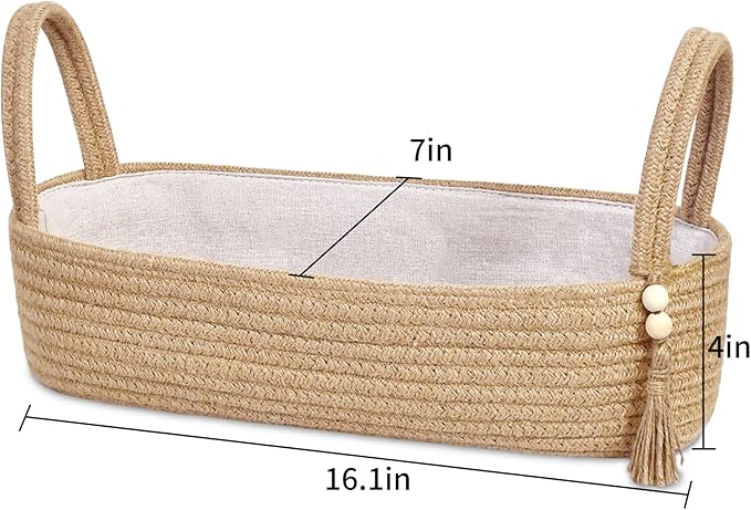 ABenkle Jute Rope Boho Storage Basket, Small Woven Bathroom Organizer, Decorative Toilet Paper Holder for Back of Tank, Hand Towel Caddy, Home Office Desk Decor, Gift Basket-16x6x4 Inch