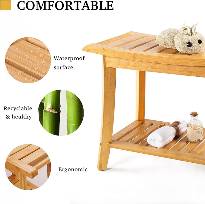 Bamboo Shower Bench Inside Shower Stool with Storage Shelf, Spa Bath Chair for Bathroom, Seat or Organizer for Living Room, Bedroom and Garden - Great for All Ages Unisex Elderly (Large, Natural)