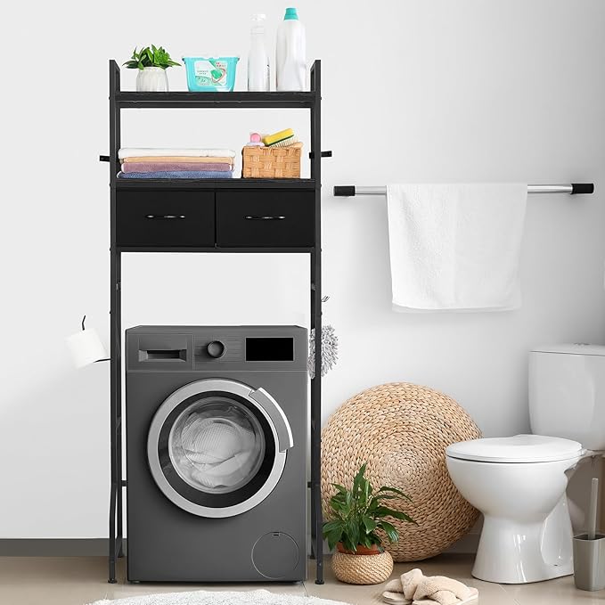YBING Black Over The Toilet Storage Cabinet, Over Toilet Bathroom Organizer Freestanding, Above Toilet Storage Cabinet, Over Toilet Storage Shelf with Drawers