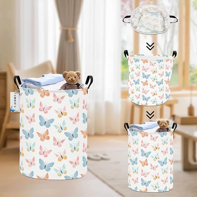 Round waterproof laundry basket,laundry Hampers with handle,gift basket,suitable for children's room and toy storage (Colorful butterfly)