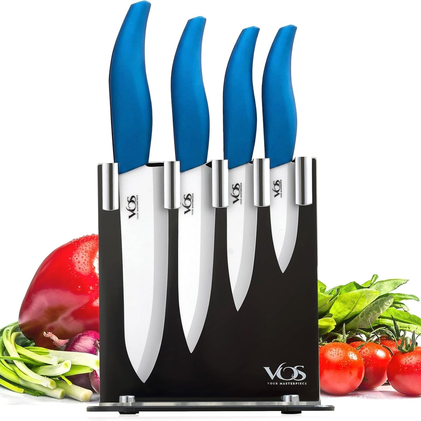 Vos Ceramic Knife Set in Elegant Gift Box, Ceramic Knives Set For Kitchen, Ultra Sharp Kitchen Knife Set with Covers, 4" 5" 6" Paring, Santoku & Chef Knife, Lightweight, Dishwasher safe (Black Handle)