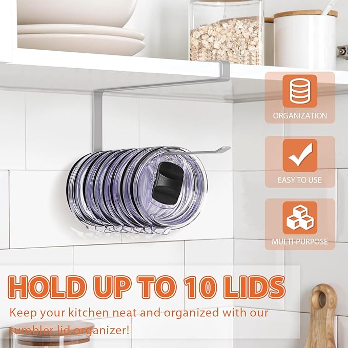 Tumbler Lid Organizer, Horizontal Tumbler Lid Storage Hook Up to 10 Lids, Space Saving Cup Lid Holders Under Cabinet Tumbler Lid Hook for Kitchen Organizer and Storage, Paper Towel Rack Hanger (Gray)