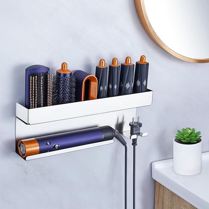 Storage Hair Dryer Holder for Curling Iron Wands Accessories, Hair Straightener Holder, Wall Mount Hair Tool Organizer for Styler Attachments, Curling Iron Holder Organizer for Bathroom, Silver