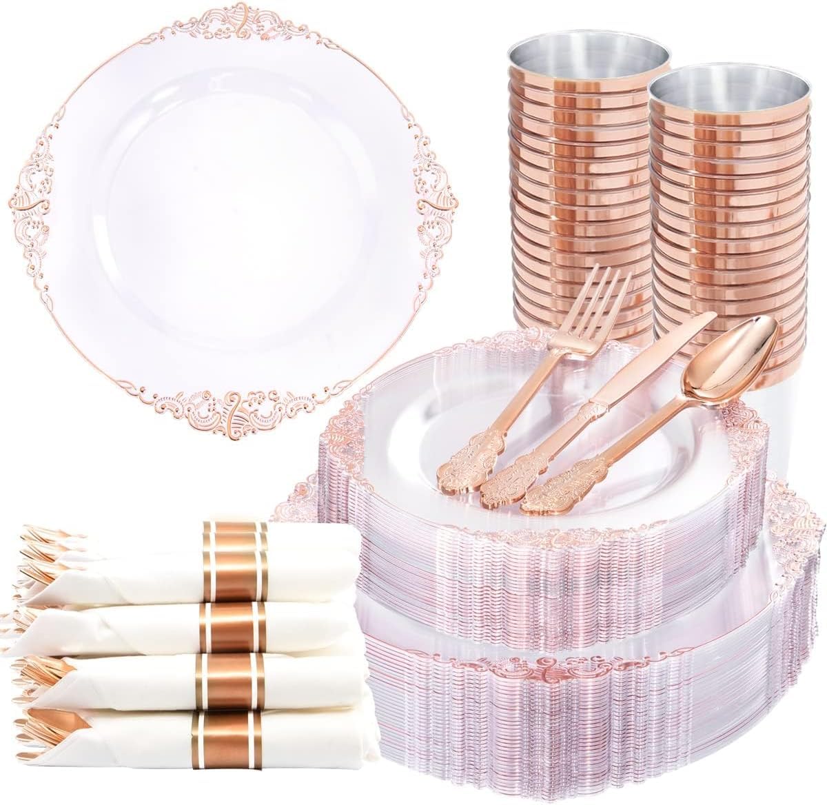 Nervure 350Pcs Purple Plastic Plates, Plastic Dinnerware Set for 50 Guests