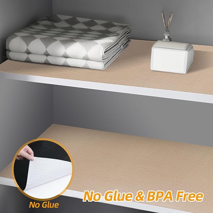 Shelf and Drawer Liner for Kitchen Cabinets Non-Adhesive, Strong Grip Non-Slip Thickened Cabinet Liners for Shelves, Waterproof Mats for Dresser Cupboard, Khaki, 17 in x 10 Feet