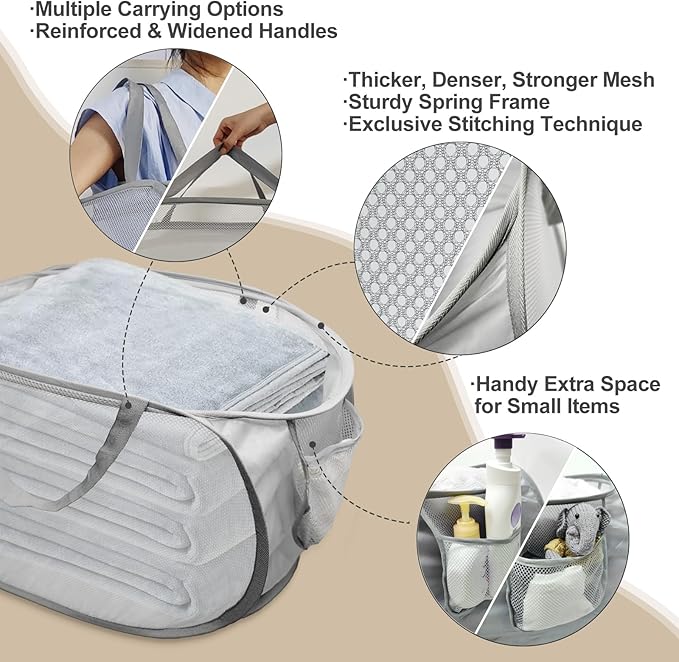 Upgraded Collapsible Laundry Baskets, Durable Pop Up Laundry Hamper, 4th Generation Mesh Laundry Bags with Reinforced Handles & Side Pocket for Laundry, Home Storage, Bathroom, Travel, Dorm