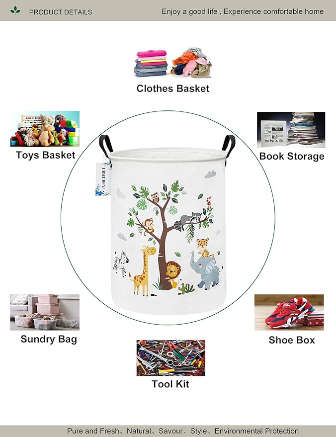 Round waterproof laundry basket,foldable storage basket,laundry Hampers with handle,gift basket,suitable for children's room and toy storage (Tree Animals)